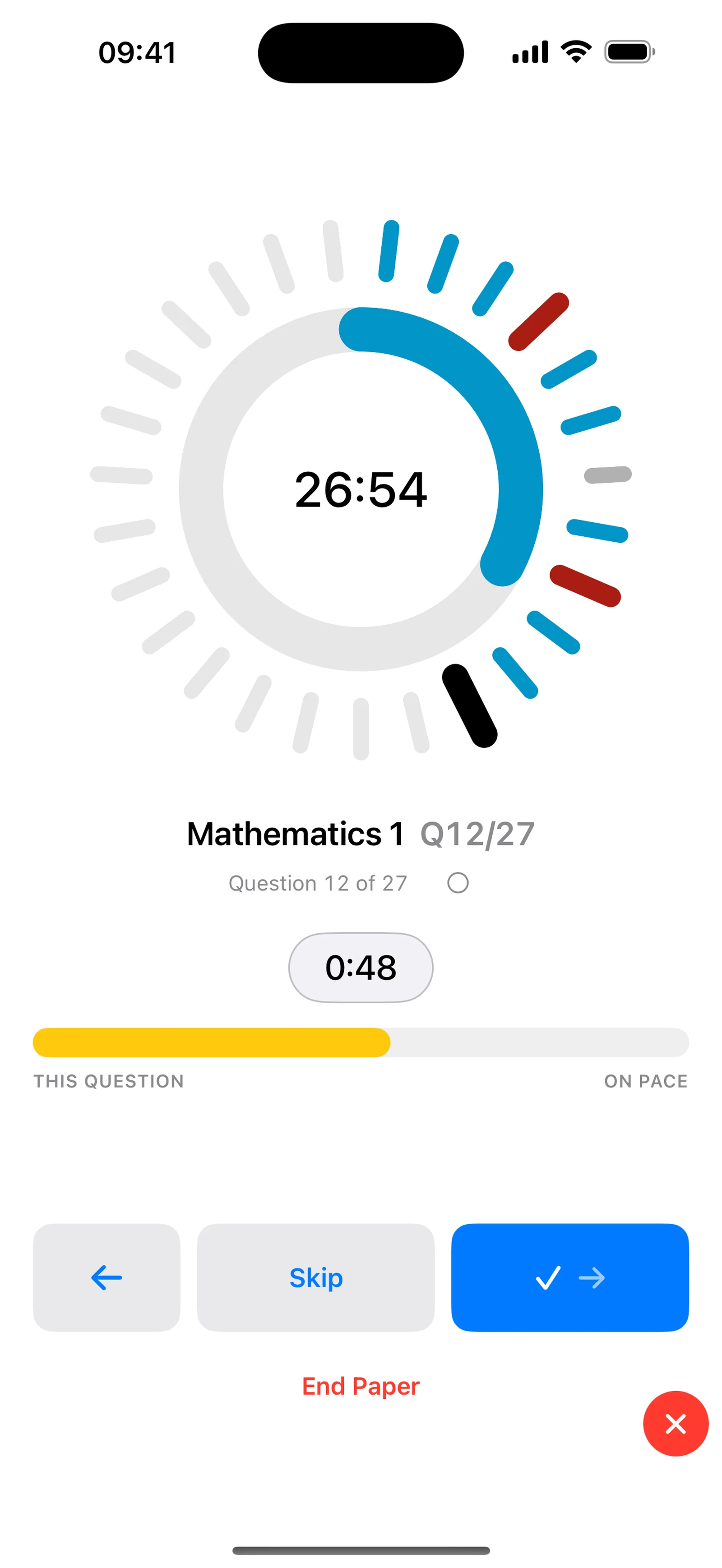 klock.io running a paper on iPhone: the stopTimer dial reads 26:53 left, its blue arc swept most of the way round with two dark red ticks marking questions already overspent. Below it, Mathematics 1, Q12/27, question 12 of 27, the current question at 0:49, and an amber bar labelled THIS QUESTION with ON PACE at its right.