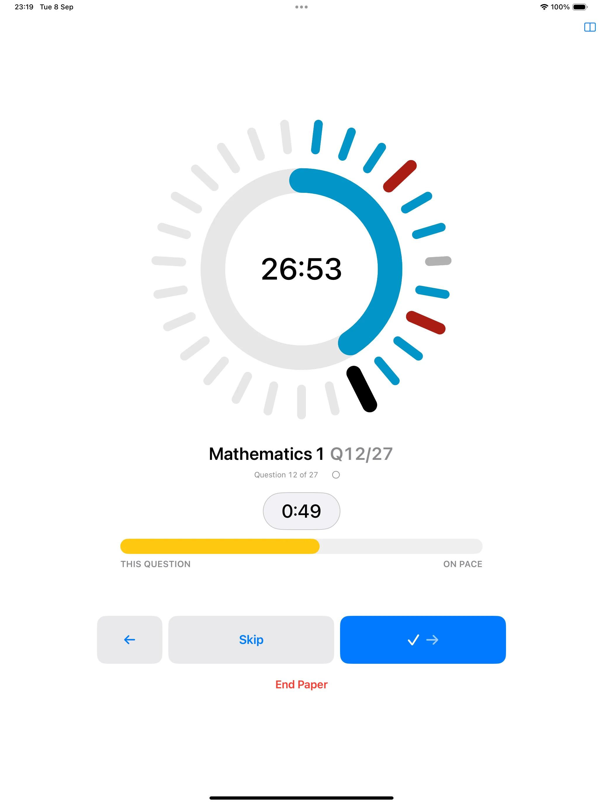 The same paper running on iPad: the identical stopTimer dial at 26:53 with the same blue arc and dark red spent ticks, Mathematics 1, Q12/27, the current question at 0:49, and the same amber THIS QUESTION bar reading ON PACE — the same numbers, laid out across the larger screen.