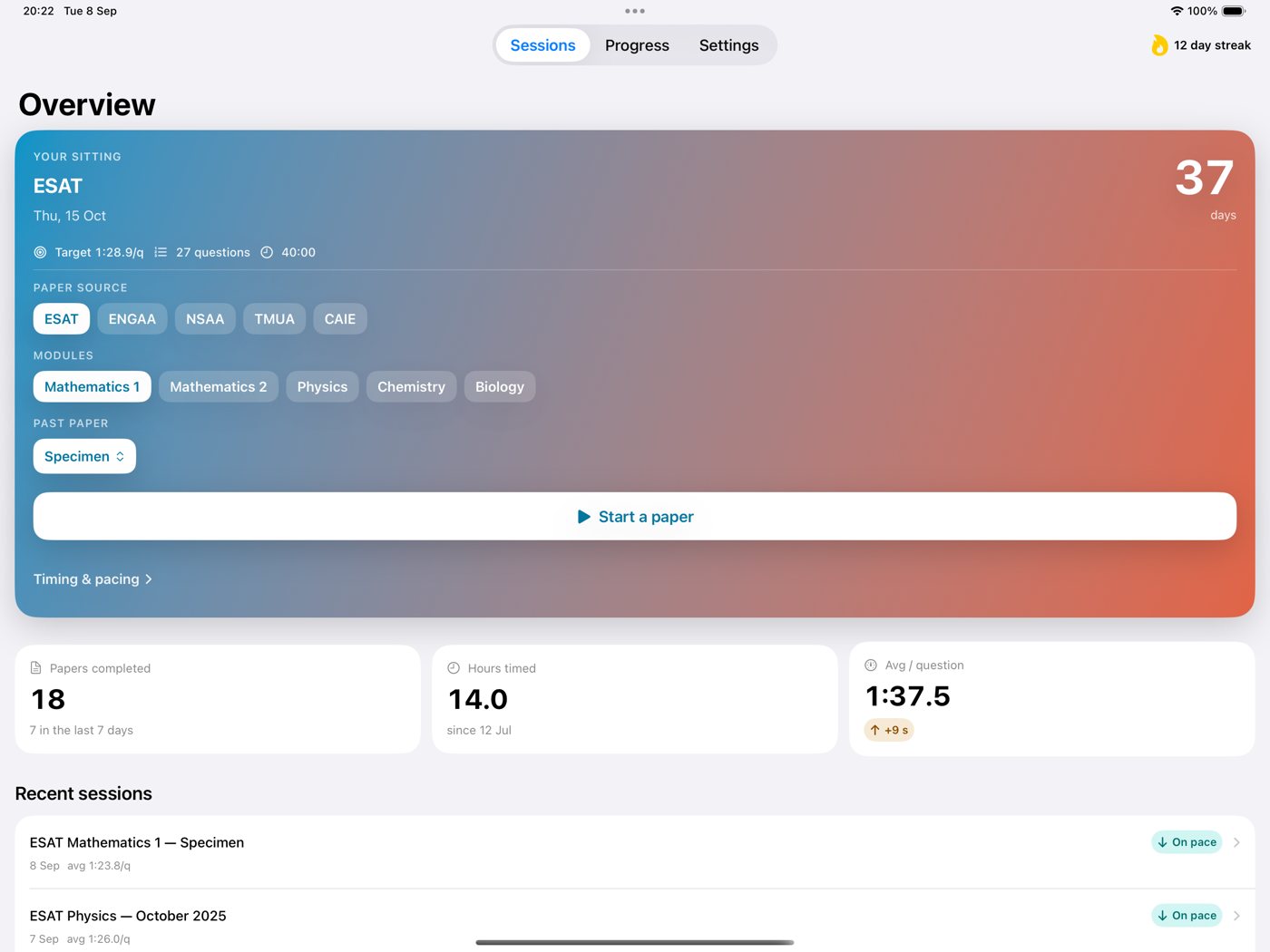 klock.io on iPad: the Overview screen showing an ESAT sitting on Thursday 15 October, 37 days away, a target of 1:28.9 per question over 27 questions in 40:00, paper sources for ESAT, ENGAA, NSAA, TMUA and CAIE, and totals of 18 papers completed, 14.0 hours timed and a 1:37.5 average per question.